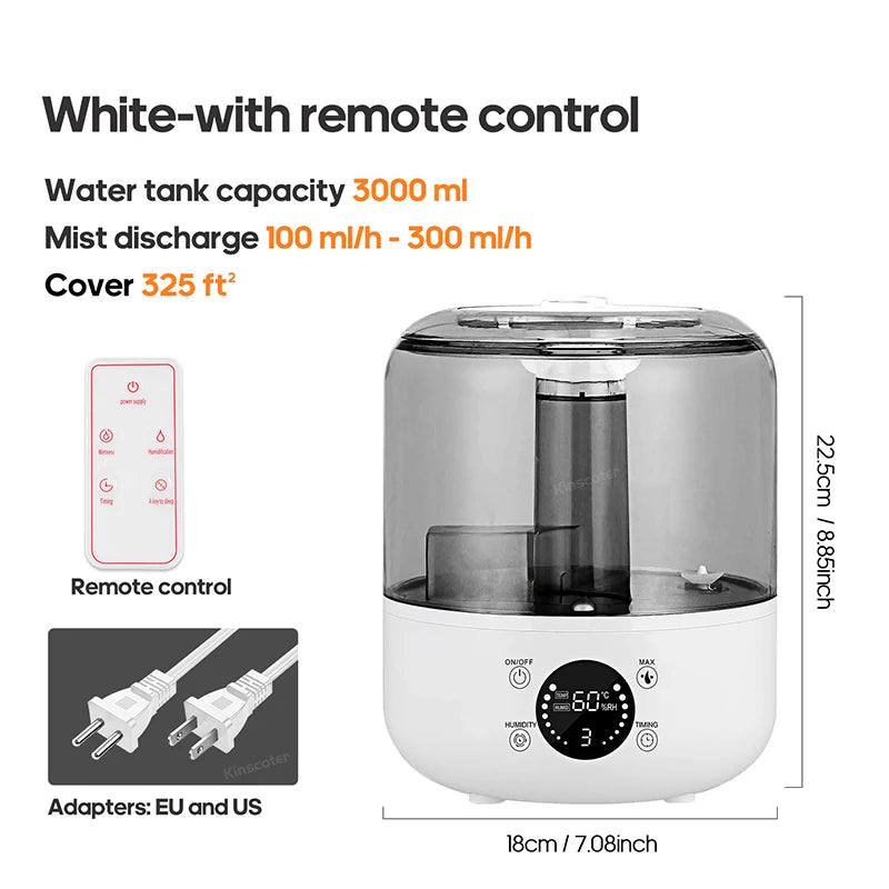 Air Humidifier Wall Plug 220V 110V Electric Humidifier Large Mist Volume 3L Aroma Diffuser Remote Control Timer