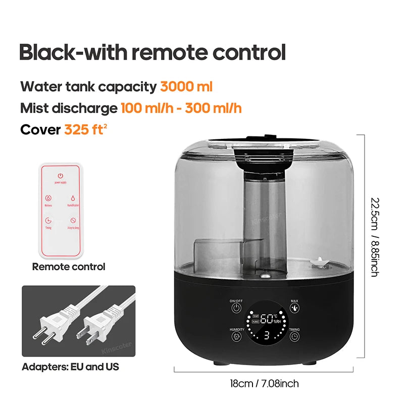Air Humidifier Wall Plug 220V 110V Electric Humidifier Large Mist Volume 3L Aroma Diffuser Remote Control Timer