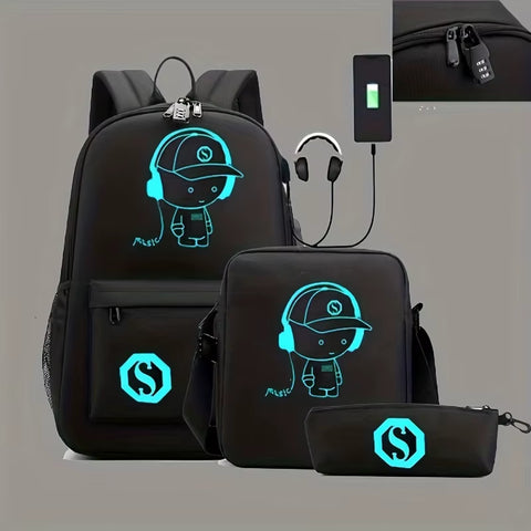 Fashion Backpack Girls Boys School Backpack Student Luminous USB Charge School Bags Teenager Schoolbag Bagpack Rucksack 3PCS