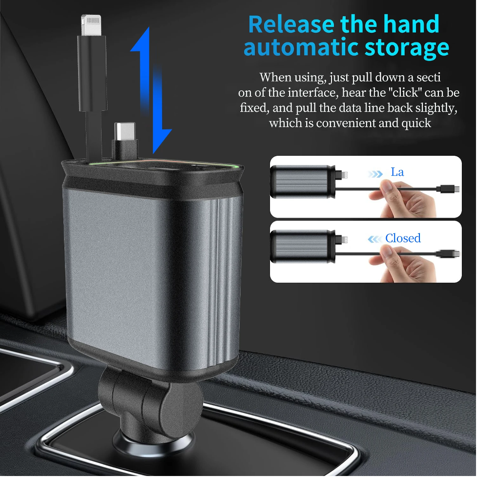 Retractable Car Charger with Starlight Projection – 4-in-1 Fast Charging Solution