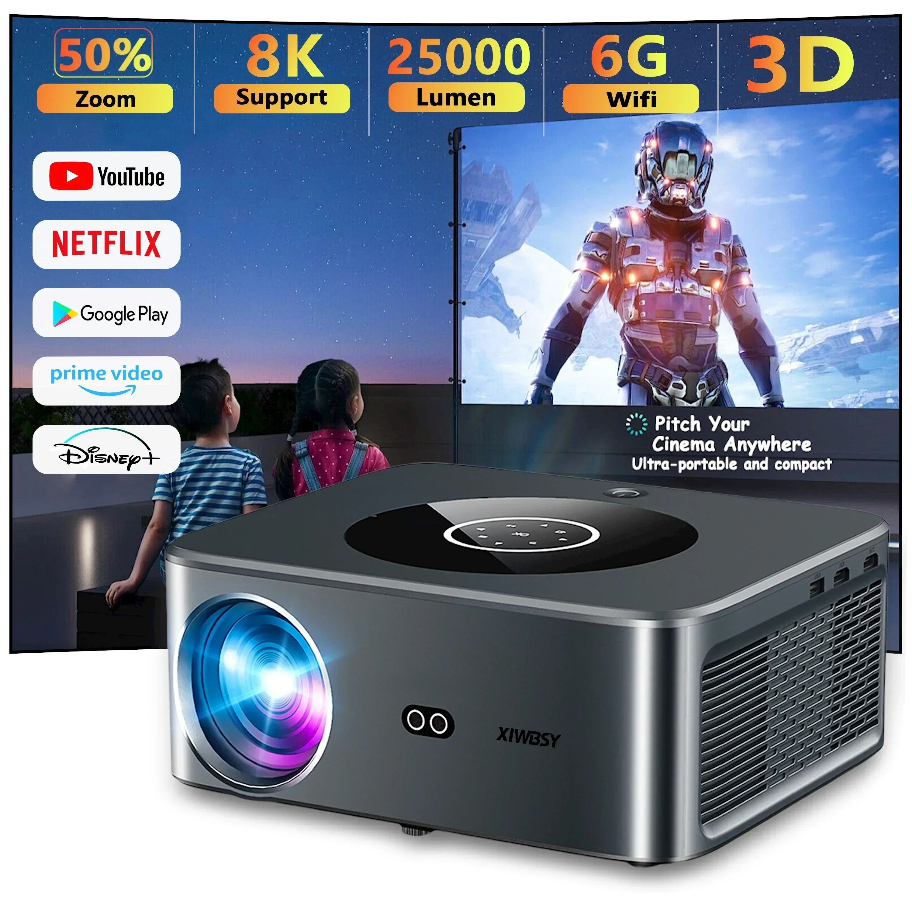 25000 Lumens Android 4K LED Projector 800ANSI Wifi6 Bluetooth Projector Video Home Theater Auto Focus/Keystone Proyector