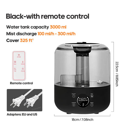 Air Humidifier Wall Plug 220V 110V Electric Humidifier Large Mist Volume 3L Aroma Diffuser Remote Control Timer