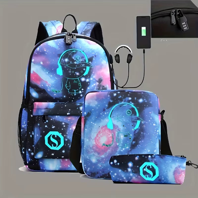 Fashion Backpack Girls Boys School Backpack Student Luminous USB Charge School Bags Teenager Schoolbag Bagpack Rucksack 3PCS